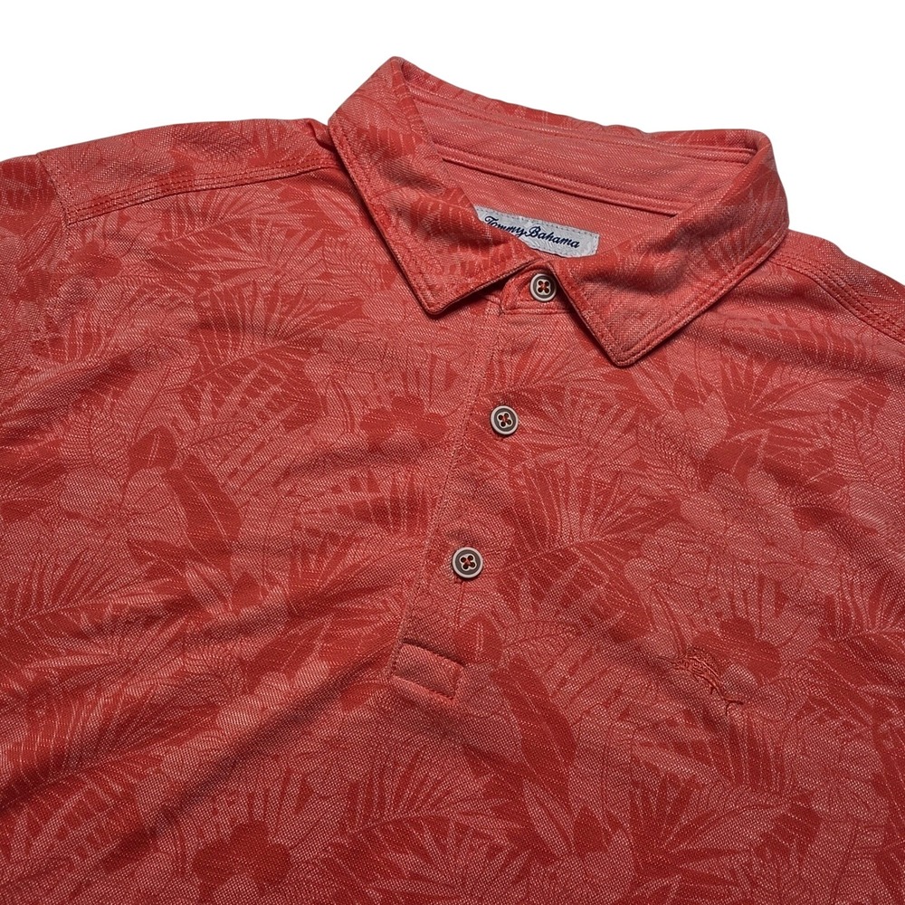 Tommy Bahama Mens Polo Shirt Large Coral Orange Tropical Floral Resort Golf